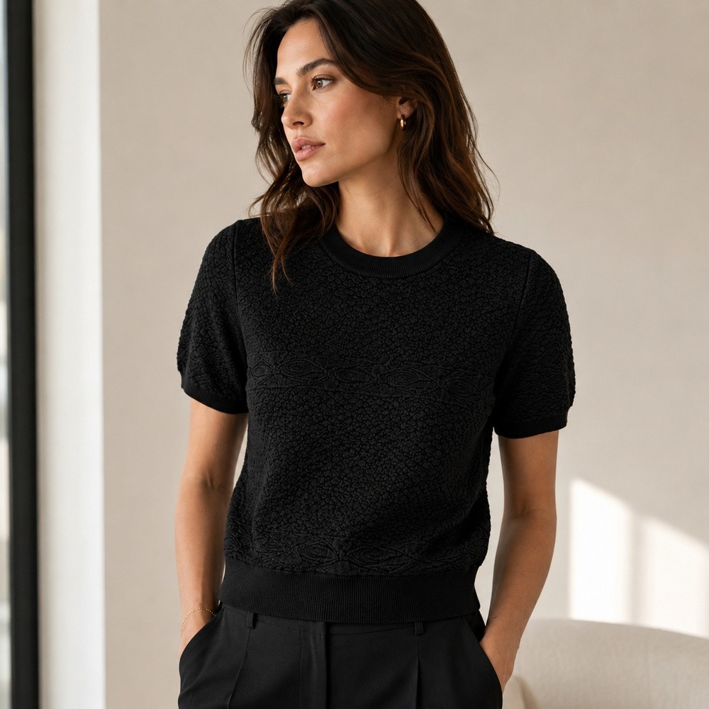 Vince Textured Short Sleeve Sweater Black Crew Neck Knit Top Women's S